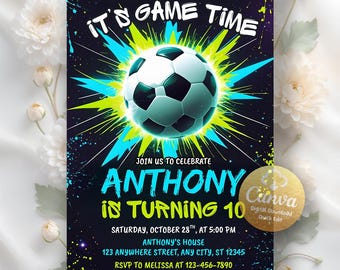 Soccer Birthday Invitation, Neon Soccer Invite, Sports Invitation, Football Invite, Soccer Printable DIgital Invite, Canva Editable Template