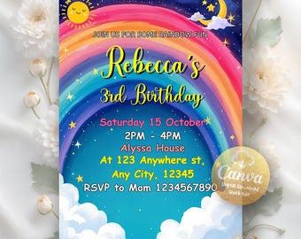 Rainbow Birthday Invitation, Girls Rainbow Party, Rainbow Birthday Invite, Rainbow Clouds Hearts, Digital Download, Editable Canva Template