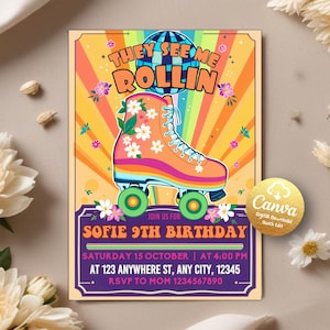 Let&#39;s Roll Retro Groovy Roller Skate Birthday Invitation, Roller skate birthday, Roller skate Party, Skate Invite, Editable Canva Template