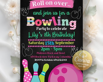 Bowling verjaardagsuitnodiging, laten we wat plezier maken, meisjes bowling verjaardagsuitnodiging voor feest, instant download, bewerkbare canva-sjabloon
