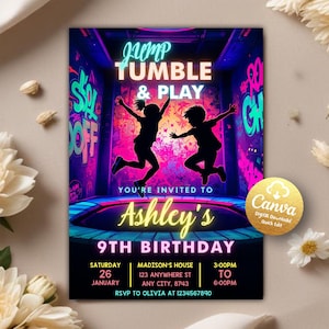 Jump Birthday Invitation, Jump Invite, Trampoline Party, Bounce House, Let&#39;s Jump Party, Trampoline Park, Kids Jump, Editable Canva Template