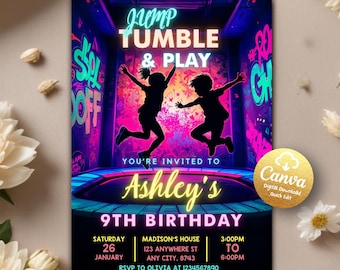 Jump Birthday Invitation, Jump Invite, Trampoline Party, Bounce House, Let's Jump Party, Trampoline Park, Kids Jump, Editable Canva Template