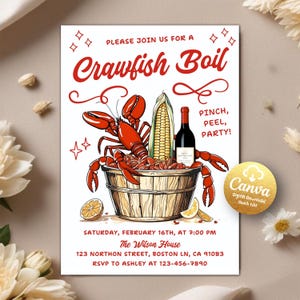 Faire bouillir les écrevisses, faire-part d'anniversaire de fruits de mer, invitation d'une entreprise de quartier, modèle de toile modifiable sur invitation imprimable écrevisses