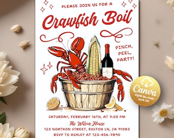 Invitación a hervir cangrejos de río, invitación a fiesta de cumpleaños con mariscos, invitación a una empresa del barrio, invitación imprimible de cangrejos de río, plantilla editable de Canva