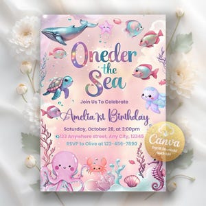 Oneder the Sea Birthday Invitation, Ocean Birthday Party Invite, Girl Printable Ocean Animals, 1st Birthday Invite, Editable Canva Template