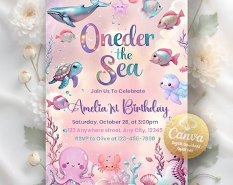 Oneder the Sea Birthday Invitation, Ocean Birthday Party Invite, Girl Printable Ocean Animals, 1st Birthday Invite, Editable Canva Template