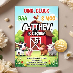 Farm Birthday Invitation, Farm Animals Party Invites, Ranch Kids Birthday Invitation, Barnyard Animals, Farm Party, Editable Canva Template