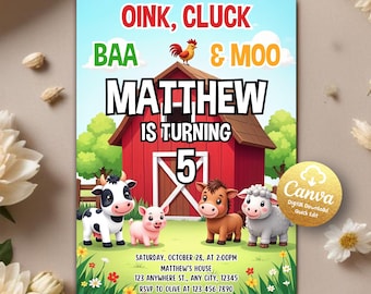 Farm Birthday Invitation, Farm Animals Party Invites, Ranch Kids Birthday Invitation, Barnyard Animals, Farm Party, Editable Canva Template