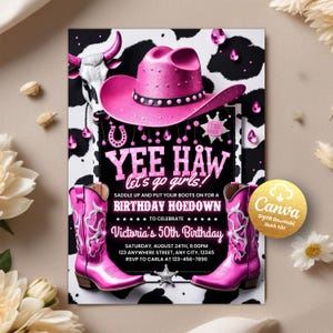 Cowgirl Birthday Invitation, Pink Cowgirl Party Invite, Space Cowgirl Birthday, Nashville Party, Disco Rodeo Invite, Editable Canva Template