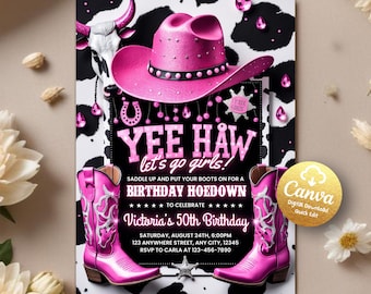 Cowgirl Birthday Invitation, Pink Cowgirl Party Invite, Space Cowgirl Birthday, Nashville Party, Disco Rodeo Invite, Editable Canva Template