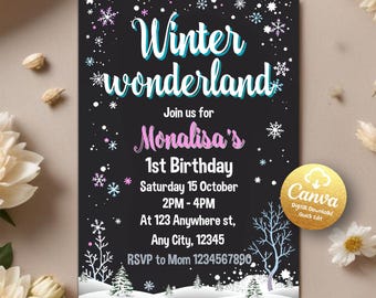 Winter Birthday Invitation, Winter Wonderland Invitation, Snowflake Pastel Girl Snow Digital Invite, Snow Birthday, Editable Canva Template