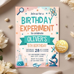 May include: A pink and blue birthday invitation with a science theme. The invitation says "Join us for a Birthday Experiment to celebrate Oliver's 5th Birthday". The invitation includes a beaker, a microscope, and a pair of goggles.