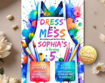 May include: A colorful invitation for Sophia's 5th birthday party, featuring an apron design with paint splatters. The text reads "Dress for a Mess" and includes party details like date, time, and RSVP information. Includes pencils and paintbrushes.