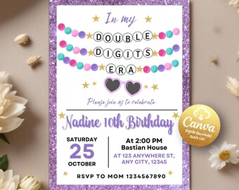 Invitación de In My Birthday Era, invitación con pulsera de la amistad, invitación a fiesta musical para una adolescente que cumple años, fiesta Purple Eras, Canva editable