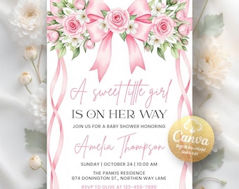 Pink Bow Baby Shower Invitation, Girl Coquette Baby Shower, Floral Bow Girl Baby Shower Invite, Digital Download, Editable Canva Template