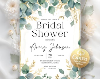 Eucalyptus Bridal Shower Invitation, Greenery Bridal Shower Invitation, Boho bridal shower invite, Instant Download, Editable Canva Template