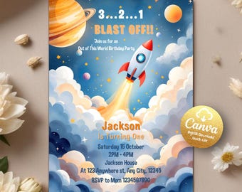 Weltraum Geburtstagseinladung, Rocket Party, druckbare Geburtstag einladen, Blast Off Space, Astronaut einladen, bearbeitbare Canva Vorlage