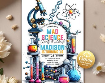 Faire-part d'anniversaire science folle, fête scientifique garçon, expérience de laboratoire au néon, invitation de scientifique, expérience d'anniversaire, modèle de toile modifiable