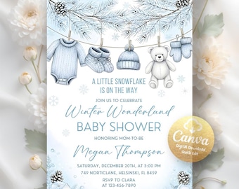 May include: A baby shower invitation with a winter wonderland theme. The design features a light blue background with illustrations of baby clothes, a teddy bear, and snowflakes. Text includes "A Little Snowflake Is On The Way" and event details.