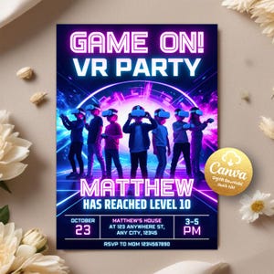 Virtuelle Realität Geburtstagseinladung, VR Geburtstagseinladung, Gamer Boy Geburtstag einladen, Videospiel Geburtstag einladen, bearbeitbare Canva Vorlage