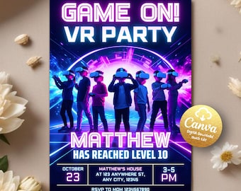 Invitación de cumpleaños de realidad virtual, invitación de cumpleaños de RV, invitación de cumpleaños de gamer, invitación de cumpleaños de videojuegos, plantilla editable de Canva