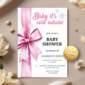 Pink Bow Baby It&#39;s Cold Outside Baby Shower Invitation, Christmas Holiday Snowflake Winter Wonderland Baby Shower, Editable Canva Template