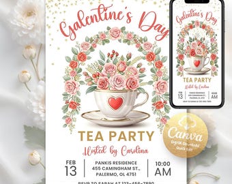 Galentines Tea Party Invitation, Valentine's Day Brunch Party Invite, Digital Download, Editable Canva Template