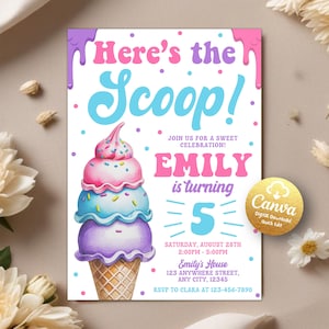 Ice Cream Birthday Invitation, Here&#39;s the Scoop Invitation, Ice Cream Party Invite, Summer Party, Girl Birthday, Canva Editable Template