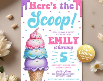 Ice Cream Birthday Invitation, Here's the Scoop Invitation, Ice Cream Party Invite, Summer Party, Girl Birthday, Canva Editable Template