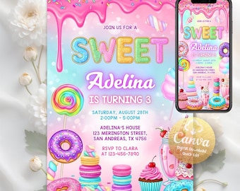 Sweets Birthday Invitation, Sweet Celebration Candyland Party Invitation, Digital Download, Editable Canva Template