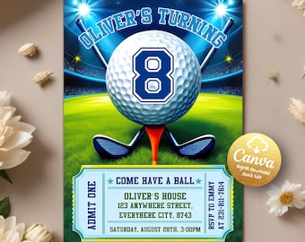 May include: A green and blue golf-themed birthday invitation featuring a golf ball illustration. The invitation reads "Oliver's Turning 8" and provides details for the party, including the date, time, and location. RSVP information is also included.