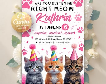 Cat Birthday Invitation, Cute Cats Invite, Kitty Cat Birthday Party, Let's Pawty, Are You Kitten Me Right Meow, Editable Canva Template