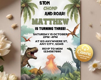 Dinosaur Birthday Invitation, Dinosaur Birthday Party Invite, Stomp on Over Dino Birthday, Boy Birthday Invitation, Editable Canva Template