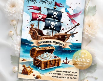 May include: A pirate-themed invitation with a watercolor illustration. The design features a pirate ship with skull and crossbones flags, a treasure chest, and a parrot. Text includes "Ahoy, Mateys!" and "Captain Miguel is Turning 5".