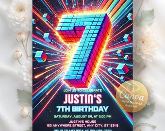 7th Birthday Invitation, Boy Birthday Invite, 7th Birthday Party, Building Blocks Party Invite, Digital Download, Editable Canva Template