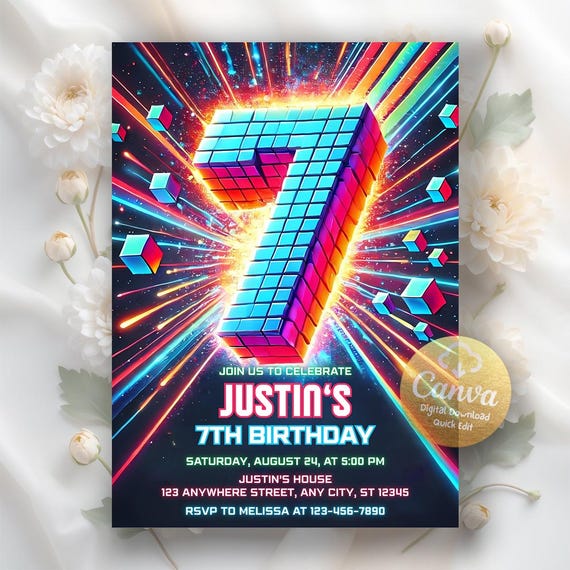 7th Birthday Invitation, Boy Birthday Invite, 7th Birthday Party, Building Blocks Party Invite, Digital Download, Editable Canva Template