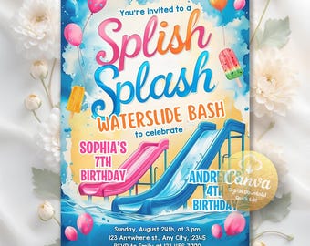 Joint Pool Party Birthday Invitation, Splish Splash Dual Sibling, Swimming Party, Joint Pool Party, Summer Party, Editable Canva Template
