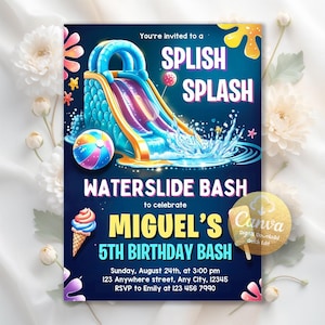 Editable Waterslide Birthday Invitation, Water Slide Invitation, Boy Girl Splash Party Invite, Water Slide Bash, Editable Canva Template