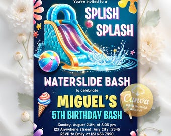 Invitación de cumpleaños editable con tobogán acuático, invitación con tobogán acuático, invitación para fiesta de chapoteo para niño y niña, fiesta con tobogán acuático, plantilla editable de Canva