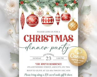 Christmas Dinner Party Invitation, Christmas Party Invitation, Christmas Invitation, Holiday Party, Digital Download,Editable Canva Template