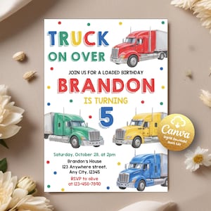 Truck Birthday Invitation, Truck Invitation Template, Truck Party, Truck Themed Invitation, Truck Digital Download, Editable Canva Template