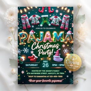 Christmas Pajama Party Invitation, Christmas Party Invitation, Pajamas Invitation, Holiday Party Invite, Xmas Party, Editable Canva Template