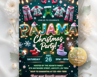 Invitación a fiesta de pijamas navideña, invitación a fiesta de Navidad, invitación a pijamas, invitación a fiesta navideña, plantilla editable de Canva