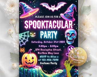 May include: A digital Halloween party invitation with a dark background and neon accents. The invitation features a glowing pumpkin, witch hats, a bat, a skull, and the words "SPOOKTACULAR PARTY". Includes event details and RSVP information.