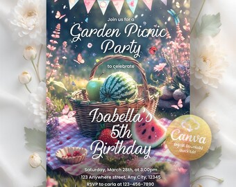 Picnic In the Park Birthday Invitation, Picnic Birthday Party, Summer Picnic Party, Picnic Printable DIgital Invite, Canva Editable Template