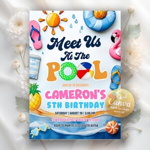 Pool Birthday Invitation, Pool Party Invitation, Summer Swimming Any Age Birthday Party Invite, Instant Download, Editable Canva Template