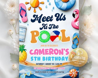 Pool Birthday Invitation, Pool Party Invitation, Summer Swimming Any Age Birthday Party Invite, Instant Download, Editable Canva Template