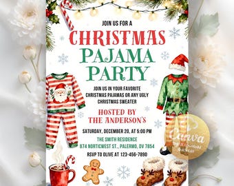 Christmas Pajama Party Invitation, Pajamas Invite, Christmas Party Invites, Holiday Party Invite, Digital Download, Editable Canva Template