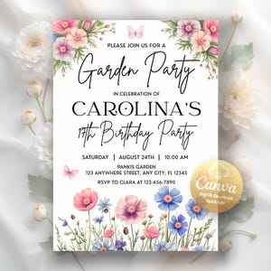 Wildflower Birthday Invitation, Garden Party Invite, Wild Flower Floral Women Birthday Invite, Mother&#39;s day Invite, Editable Canva Template