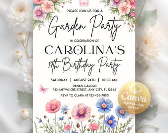 Wildflower Birthday Invitation, Garden Party Invite, Wild Flower Floral Women Birthday Invite, Mother's day Invite, Editable Canva Template